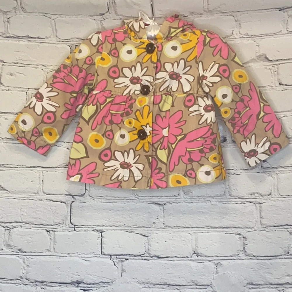 Genuine Kids By OshKosh Tan Pink Flower Lightweight Hooded Jacket Size 18 Months